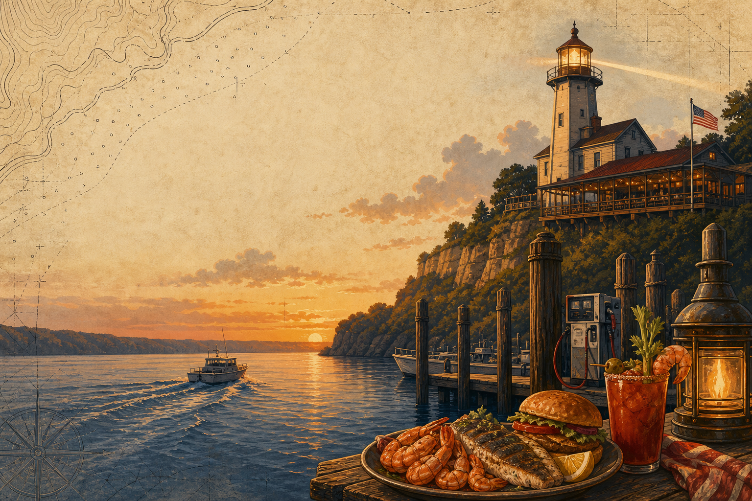 Original illustrated riverfront lighthouse scene with dock, boat, seafood, and Bloody Mary placeholders