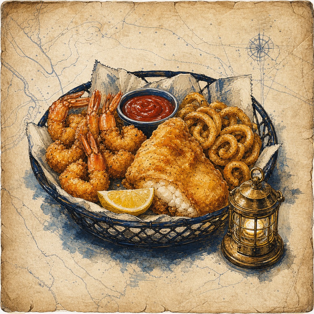Original illustrated fried seafood basket placeholder art